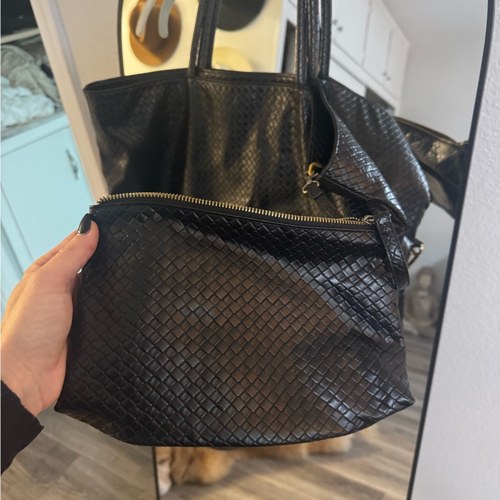 ANTHROPOLOGIE Woven Slouchy Tote Shoulder Vegan Leather Hobo Bag Black - Picture 4 of 8
